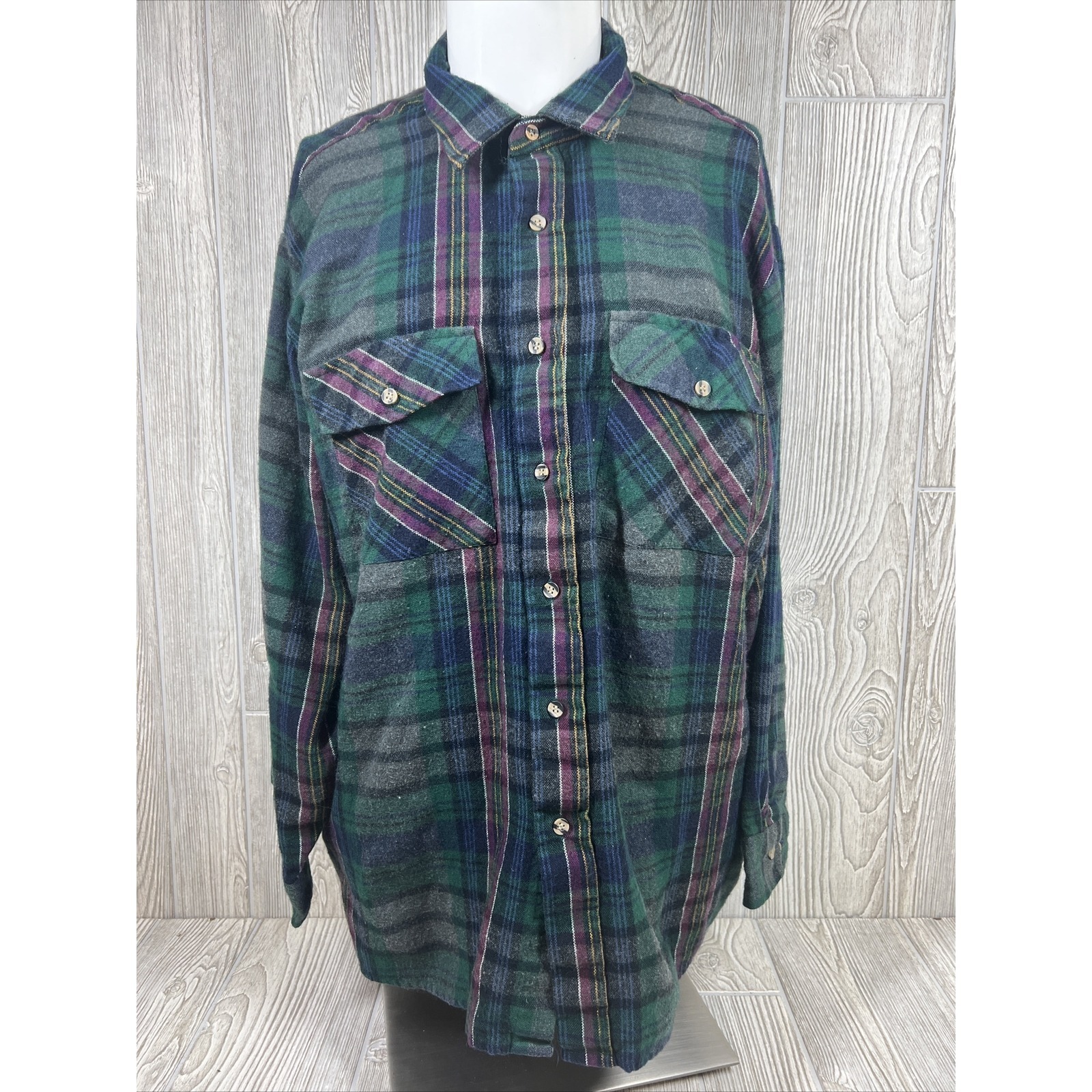Back Packer Green Plaid Long Sleeve Button Up Flannel Shirt Mens Casual Sz M